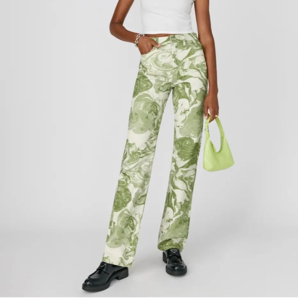 Reformation Marble High Rise Straight Long Jeans Avocado Swirl hemmed for petite